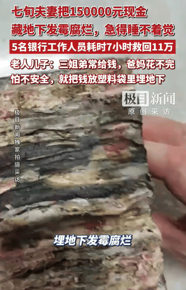世界杯足球网址
_湖北三姐弟大把大把给父母钱花世界杯足球网址
,老两口花不完将15万元现金埋在屋后地下,最近挖出发现已发霉粘连,银行工作人员7个小时救回11万多元